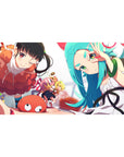 Monogatari-style anime girl desk pad 40x20 inches with Karen Araragi, Shinobu, teal-haired rival, candy icons.
