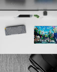 Sky-blue clouds and bright light on a 14x10 inches anime mouse pad, crisp shadows, bold green tones.