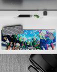Sky-blue clouds and bright light with crisp shadows, green uniforms, loud clean vibe anime mouse pad 32x12 inches.