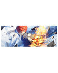 Compact 32x12 inches mouse pad with Todoroki, showcasing his fiery and icy abilities in an intense, explosive scene.