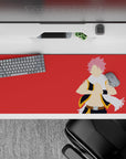 36x16 inches anime desk pad in vivid red with fiery attitude, sharp black-and-gold accents, high-impact look.