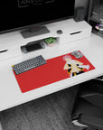 Natsu Dragneel on anime mouse pad 28x12 inches, white scarf flowing, black vest, fiery red background.