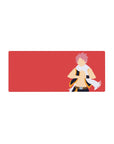 Bold graphic anime mouse pad 28x12 inches with Natsu silhouette, red backdrop, scarf and gold-trim vest.