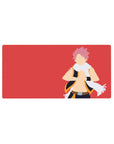 Bold minimalist Natsu Dragneel anime mouse pad 32x16 inches with red backdrop and gold-trim vest.