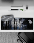 Calming 32x12 mouse pad featuring frost-covered trees and sunlight dancing through, bringing winter tranquility to your workspace