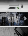 Winter's serenity 36x16 desk pad featuring frost-covered branches and sunlight filtering through for a peaceful winter magic vibe