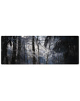 Frost-covered forest 32x12 mouse pad with icy branches and soft sunlight for a tranquil, winter-inspired desk environment
