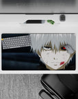 Anime mouse pad 32x16 inches featuring intense red-eyed character with muted gray tones for fans of dark anime themes.
