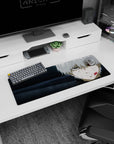 Anime mouse pad 32x12 inches with a haunting design of a character's cold stare and glowing red eye set against muted grays.