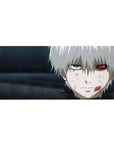 Anime desk pad 36x16 inches featuring a character with a glowing red eye, capturing a dark, emotional stillness.