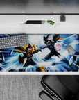Blue lightning anime desk pad 36x16 inches with dark armor, glowing core, and high-energy mood.