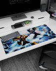 ProtoMan vs Dark ProtoMan anime desk pad 36x16 inches in a fast retro battle scene.
