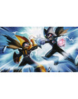 40x20 inches anime desk pad with ProtoMan and Dark ProtoMan clashing in blue lightning.