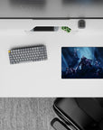 Moody blue-lit anime mouse pad 14x10 inches with cold spotlights, deep shadows, and snowlike sparks.
