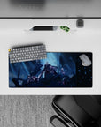 28x12 inches anime mouse pad in cold blue spotlight tones, deep shadows, drifting spark-snow, moody vibe.