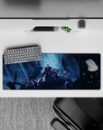 Anime mouse pad 32x12 inches in cold blue spotlight tones, deep shadows, drifting spark like snow.