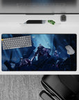 32x16 inches anime mouse pad in cold blue tones, deep shadow gradients, drifting spark snow, cinematic mood.