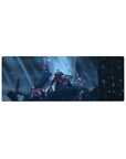 Anime mouse pad 32x12 inches with squad on ruined steel skyline, capes and armor on jagged rubble.