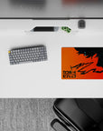 Spike Spiegel silhouette on 14x10 inch Cowboy Bebop mouse pad, blends neon orange with starlit void, Swordfish II in action.