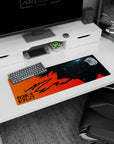 Anime mouse pad 32x12 inches featuring Spike's silhouette from Cowboy Bebop, neon orange against a starlit void.