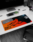 Spike Spiegel silhouette on 32x16 inches anime mouse pad from Cowboy Bebop, neon orange with starlit void and Swordfish II.