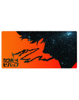 Spike Spiegel silhouette on 32x16 inch anime mouse pad from Cowboy Bebop, featuring neon orange and cosmic starlit design.