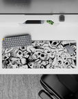 32x12 inches black-and-white anime mouse pad, dark gritty mood with heavy shadows and stark contrast.