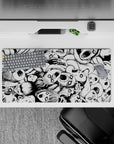 32x16 inches anime mouse pad in stark black-and-white, dark gritty mood with heavy shadows and hollow eyes.