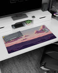 Serene 32x16 mouse pad with soft pink and purple clouds and a fading horizon, perfect for promoting focus and creativity at your desk