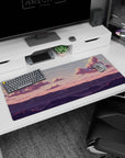 Serene 36x16 anime desk mat featuring a peaceful sunset sky, with soft pink and purple clouds for a relaxing and focused workspace vibe