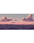 Sunset sky 36x16 desk pad with soft pink and purple clouds drifting over a fading horizon, creating a calming, creative workspace environment