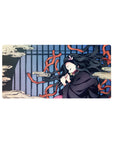 Mouse pad featuring Nezuko Kamado in peaceful slumber, 32x16 inches, with soft colors and flowing ribbons for a serene and calming atmosphere.