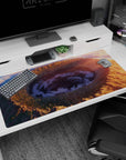 Anime desk pad 40x20 inches showing midnight cloud vortex in a crater, star sparks and cinematic rain lines.