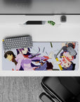 32x12 inches extended anime mouse pad in lilac, navy, and white line art with cozy troublemaker vibe.