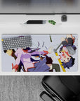 32x16 inches anime girl mouse pad in lilac and navy with crisp white lines, cozy pastel chaos vibe.