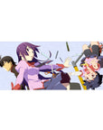 Anime girl desk pad 36x16 inches with Monogatari-style characters tumbling through flying stationery.