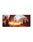 Anime mouse pad 28x12 inches with desert canyon arches, stacked rock totems, and distant planets.