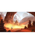 Anime desk pad 40x20 inches with glowing desert canyon, red arches, rock totems, and quest traveler.