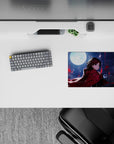 Moody midnight anime mouse pad 14x10 inches in deep blues and inky clouds, with glossy red highlights.