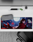32x12 inches mouse pad in midnight blues and inky clouds, with bold crimson accents and glossy dreamy shine.
