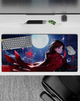 32x16 inches anime desk mouse pad in moody midnight blues with bold crimson accents and glossy shine.