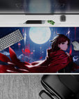 Moody midnight-blue anime desk pad 40x20 inches with deep reds, glossy highlights, and dreamy clouds.