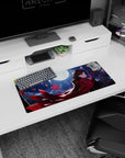 28x12 inches mouse pad featuring a calm, brave anime girl guarding the desk, red cloak and moonlit sky.
