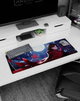 32x12 inches anime desk mat featuring a calm brave girl in a red cloak under moonlight, petals in the sky.