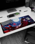 36x16 inches anime desk pad featuring calm brave girl in red cloak under moonlight with petals in the sky.
