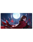32x16 inches anime girl mouse pad with red cloak, wind-swept hair, and crimson petals at night.