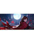 Anime girl desk pad 36x16 inches with red cloak heroine, wind-swept hair, petals, midnight sky art.