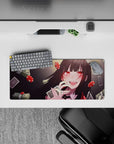 Red and charcoal anime girl mouse pad 28x12 inches with neon ruby eyes and glossy high-stakes vibe.