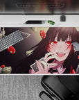 Red-and-charcoal anime desk pad 40x20 inches, glossy crimson accents and neon ruby eyes, lucky vibe.