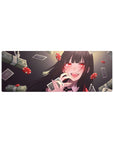 32x12 inches anime girl mouse pad with casino theme, black-haired grin, cards, dice, chips, and cash.